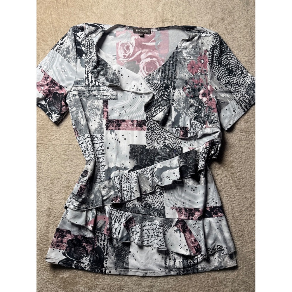 Y2K Emotions Womens Grey Pink Floral  Ruffle Top Size P/S Whimsigoth Grunge